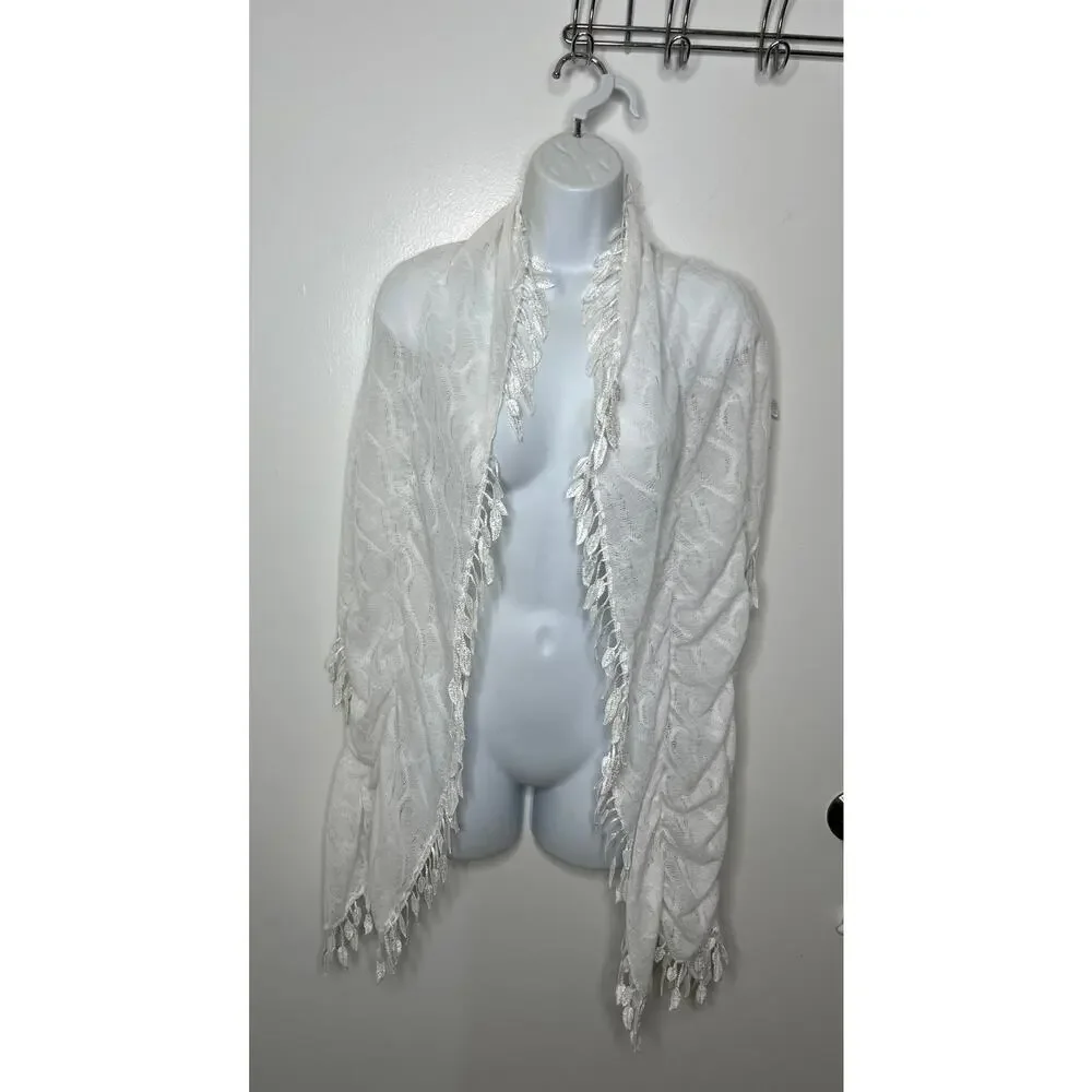 Gathered White Semi-Sheer Leaf Fringe Scarf Shawl Wrap ~ 75